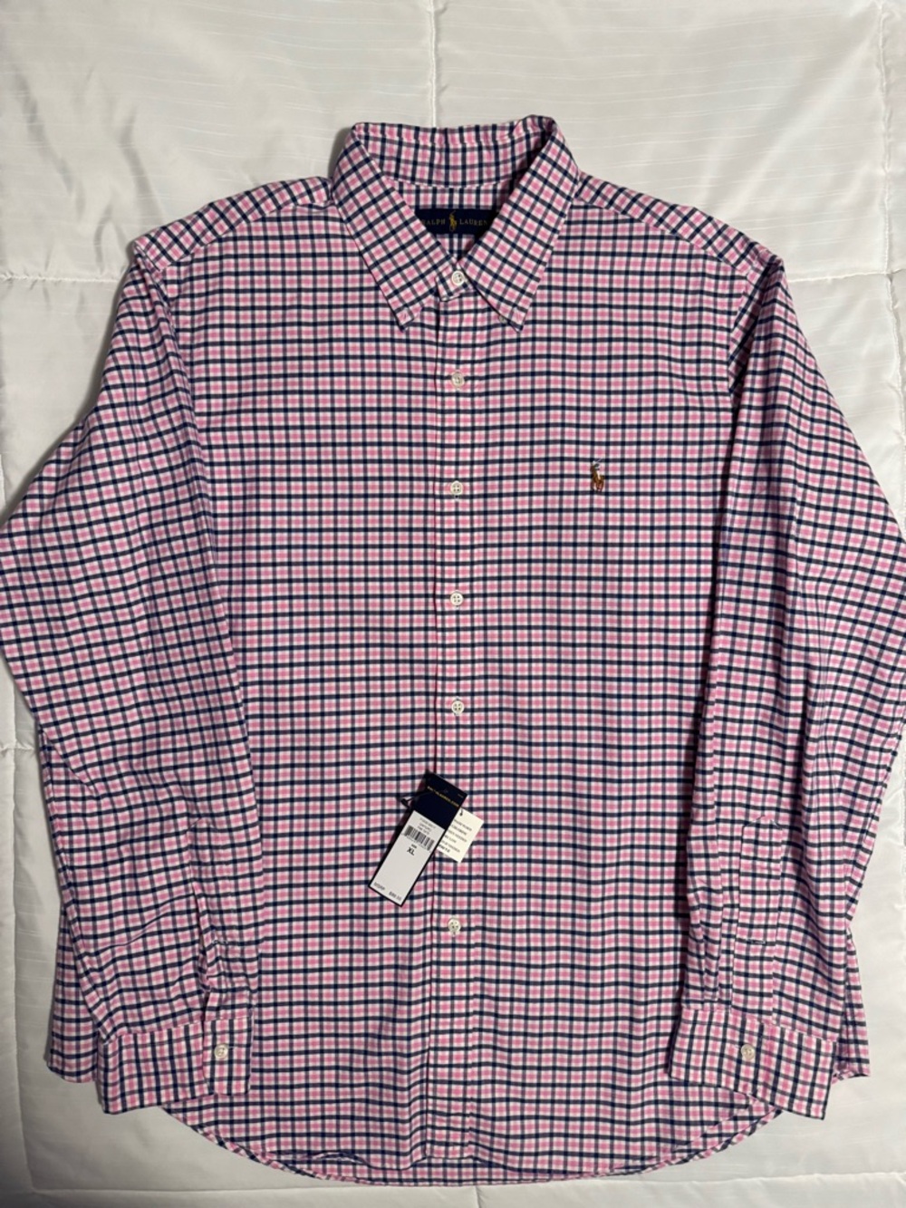(SOLD)Ralph Lauren Pink, white and Navy Plaid Button-Down Shirt. Size XL